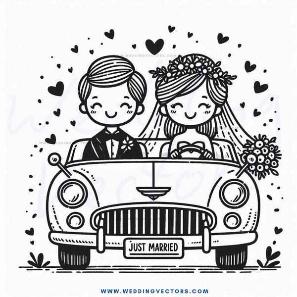 couple in car with just married sign on bumper.