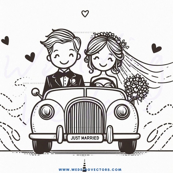 just married couple in vintage car.