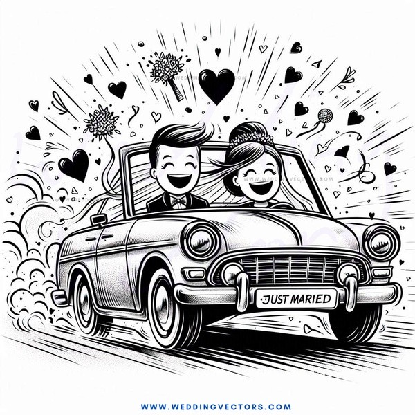 a couple driving down the road in a vintage car.