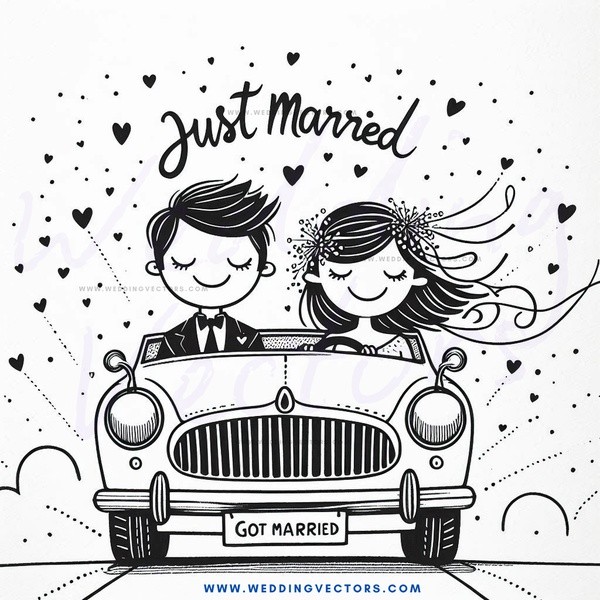 a cartoon depiction of an engaged couple in a car.
