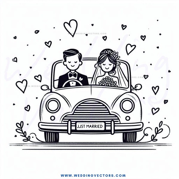 just married couple in a vintage car.