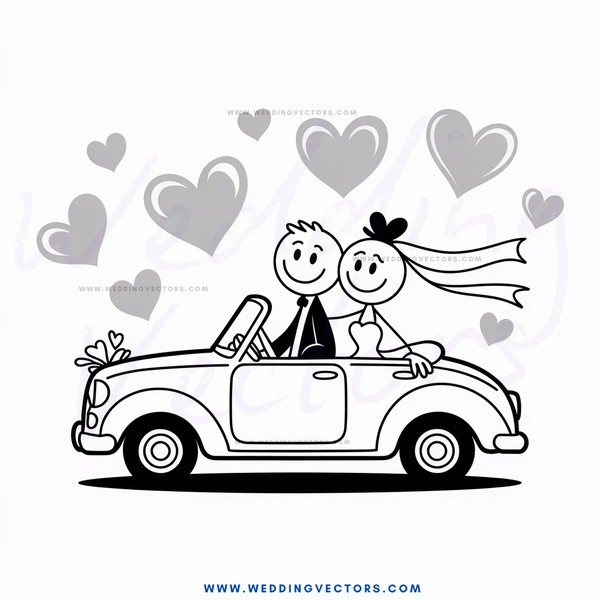 a happy couple in a car with hearts around them.