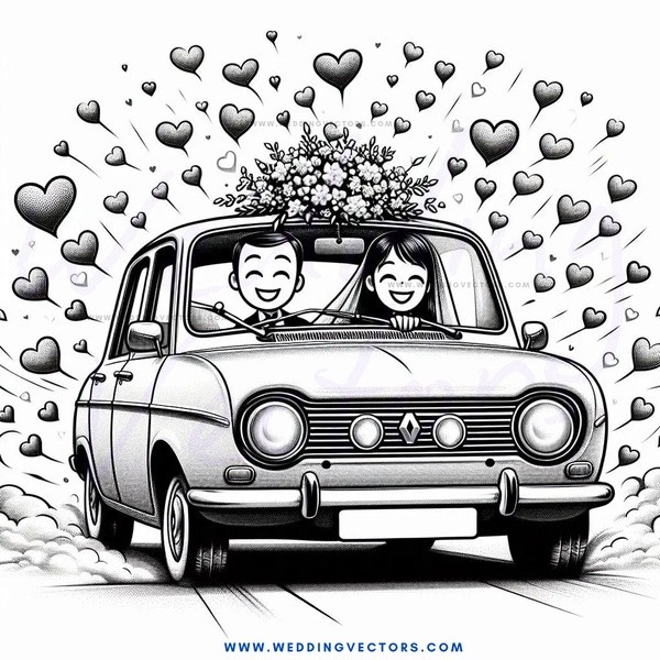 a car with people in it and hearts behind it.