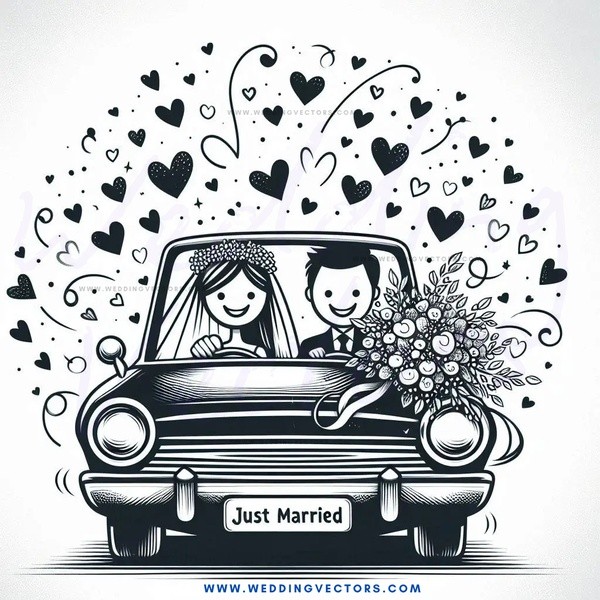 just married bride and groom in car