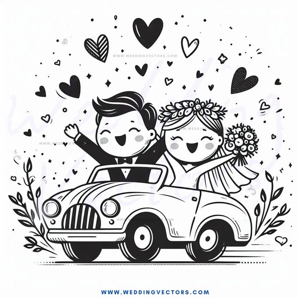 couple in car with flower and hearts