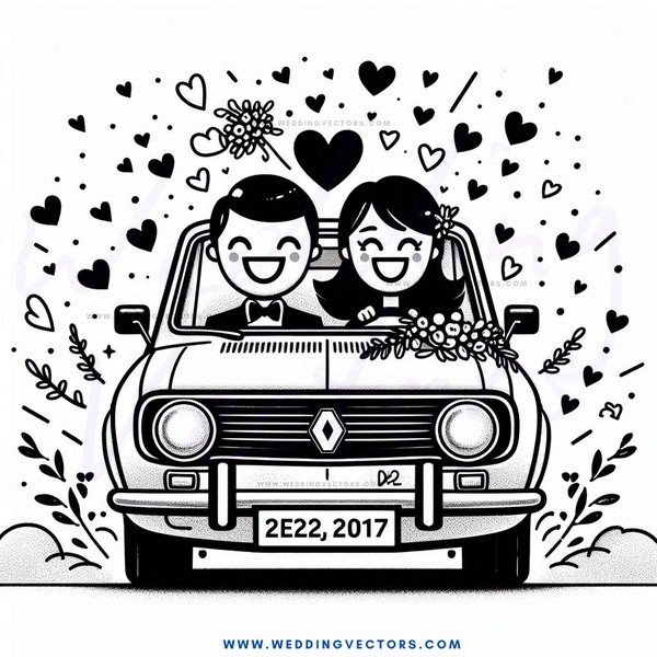 a happy couple in a car on their wedding day