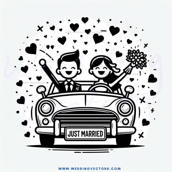 a car with three people in it celebrating their marriage.