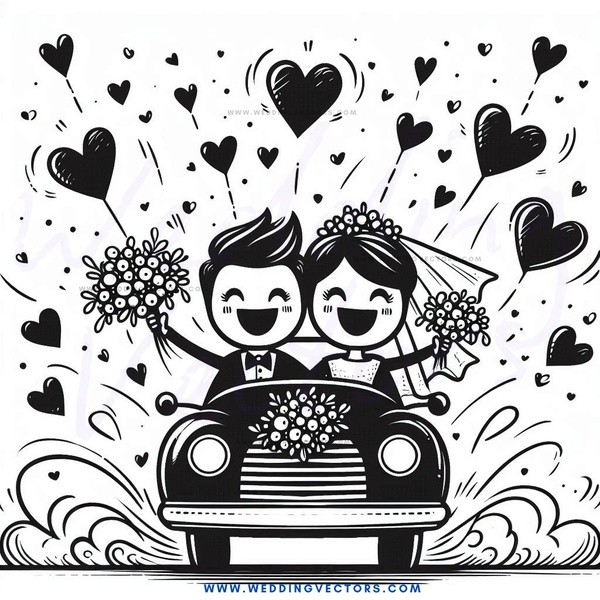 a car with two people on top and hearts flying around.