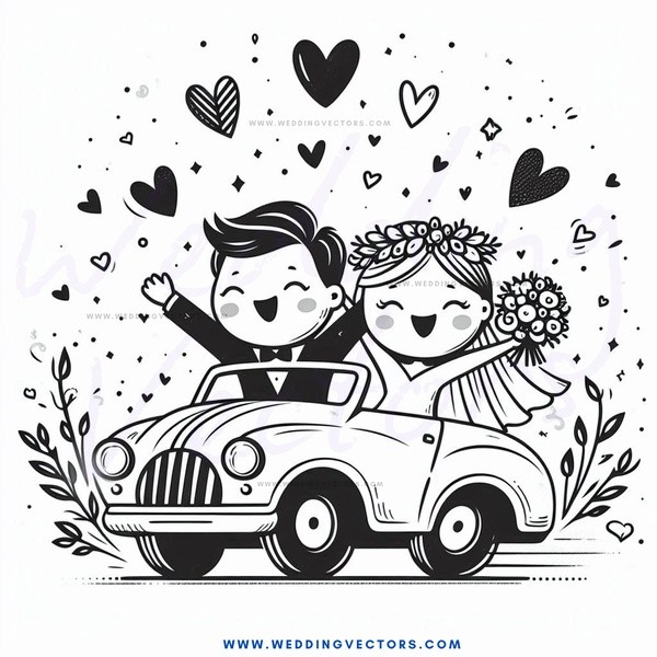 cartoon carriage with bride and groom on honeymoon drive
