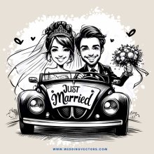 just married caricature illustration in black and white