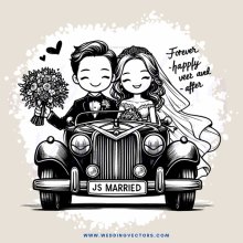 a bride and groom in black and white, next to a car that says "js married"