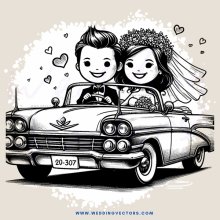 bride and groom in car