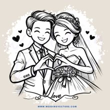 newlyweds smile and hold hands together with their flowers