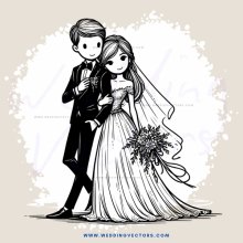 a black and white illustration of a bride and groom
