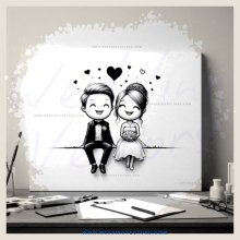 a boy and girl posing for a picture with hearts surrounding them