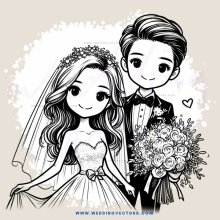 a bride and groom in wedding attire