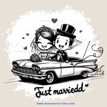a boy and girl ride in a car on their wedding day