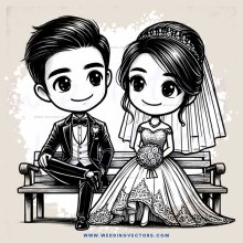 a bride and groom sitting on a bench