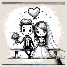 a heartwarming illustration of an engaged couple sitting on a bench