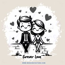 a couple sitting on a brick wall with forever love written underneath them