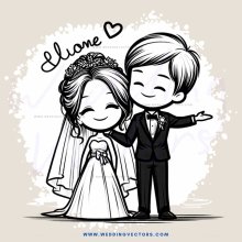 a bride and groom hugging in an illustration