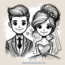 a bride and groom in wedding attire