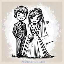 a bride and groom in wedding attire