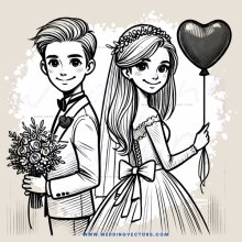 wedding portrait of bride and groom with heart balloon and bouquet