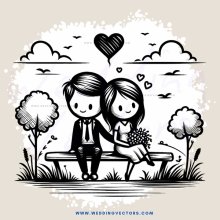 couple on bench with birds and clouds