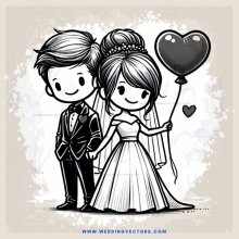 a bride and groom holding balloons