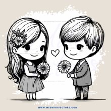 two people with hearts and flowers on their heads holding flowers