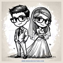 bride and groom cartoon in black and white