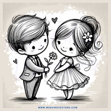 cartoon couple with flowers and hair decoration