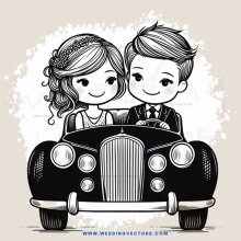 a black and white caricature of a couple in a vintage vehicle