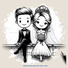a newlywed couple sitting on a brick wall