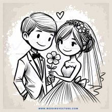 a bride and groom holding flowers