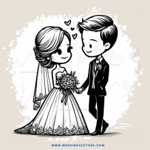 bride and groom standing together with vase of flowers in hand