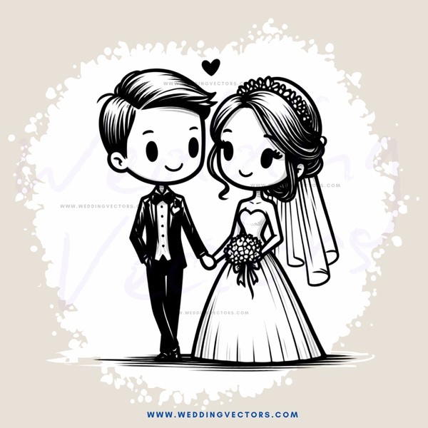groom and bride in black and white cartoon