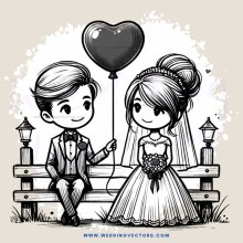 a bride and groom on a bench