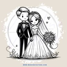 a bride and groom in white dresses with flowers