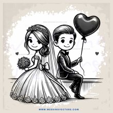 a bride and groom with heart balloon