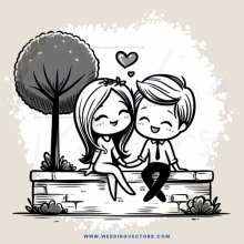 a couple sitting on a stone wall with an umbrella and tree behind them