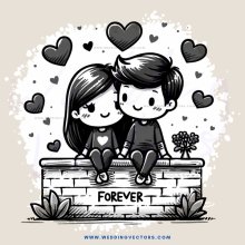couple sitting on a brick wall with "forever" written across them