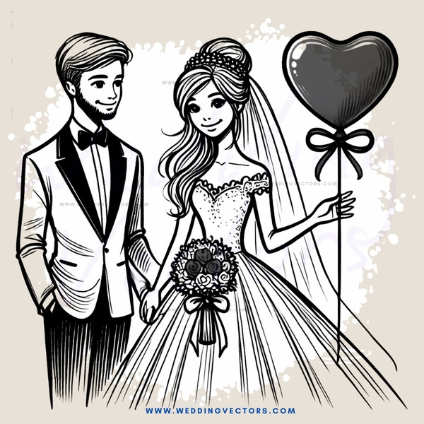 a bride and groom with a heart shaped balloon