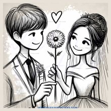 a bride and groom holding a flower
