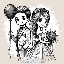 a bride and groom with an airborne balloon