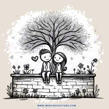 a couple on a brick wall with a tree in the background