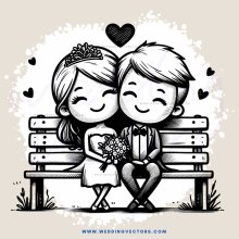 couple sitting on a bench and smiling with flower bouquets