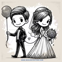 a bride and groom holding balloons