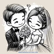a bride and groom holding flowers